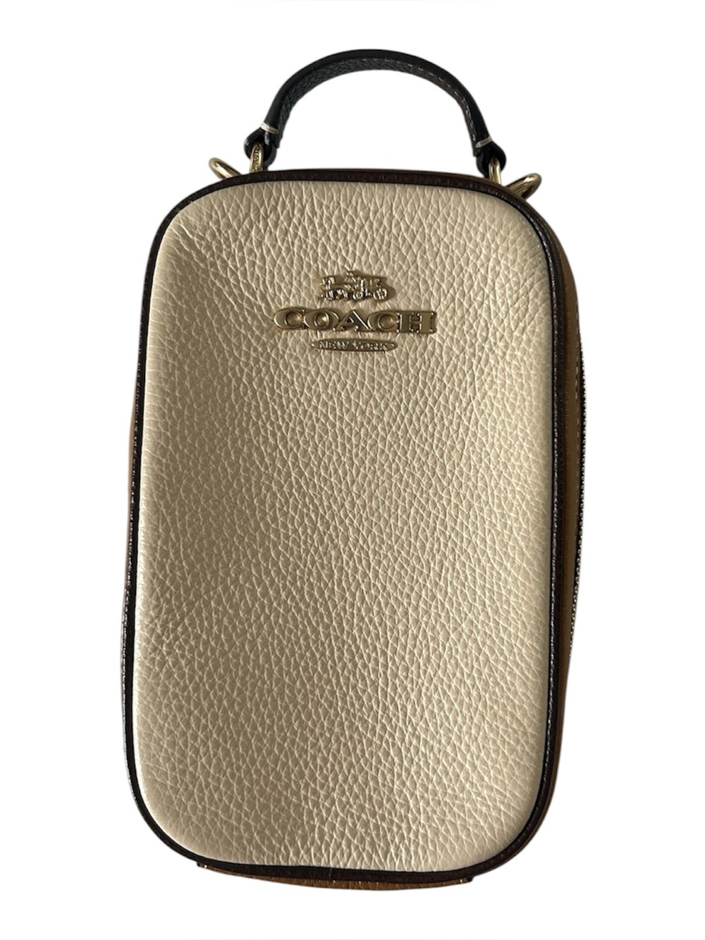 Coach Eva Phone Case in Cream Pebbled Leather with Brown Trim